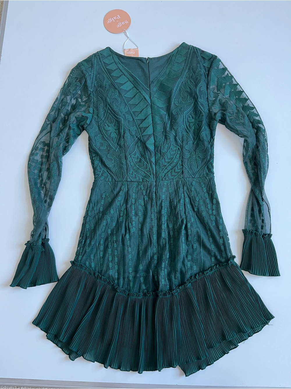 NWT Sage + Paije Forest Green Lace Long Sleeve mini Dress - Picture 11 of 11